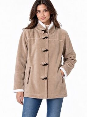 Notice Toggle Jacket Size L Beige Faux Suede Fleece Lined Coat